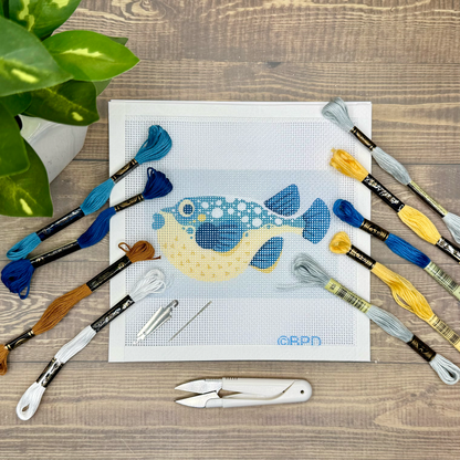 Pufferfish Needlepoint Kit Embroidery/Cross Stitch Supplies Blue Poppy Designs
