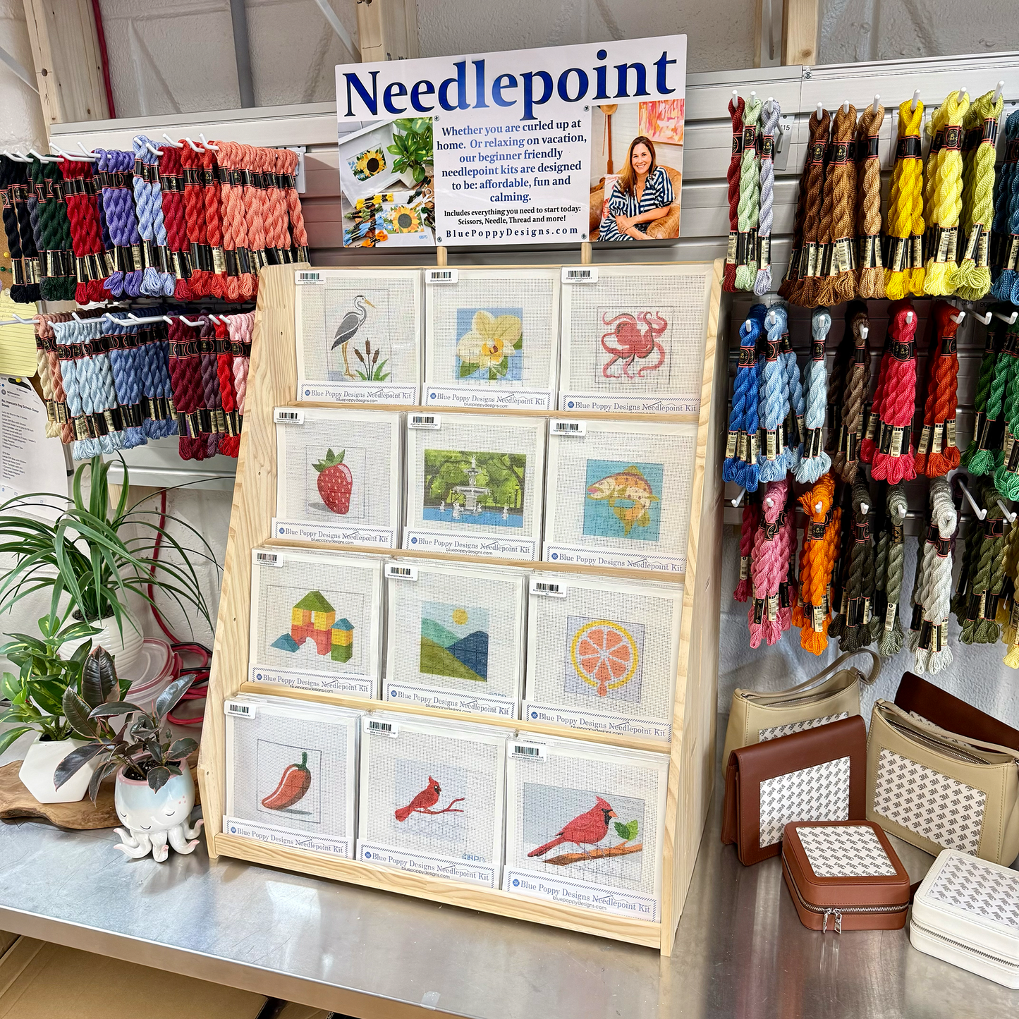Needlepoint Kit POP Showroom Store Display Bookcase needlepoint Blue Poppy Designs