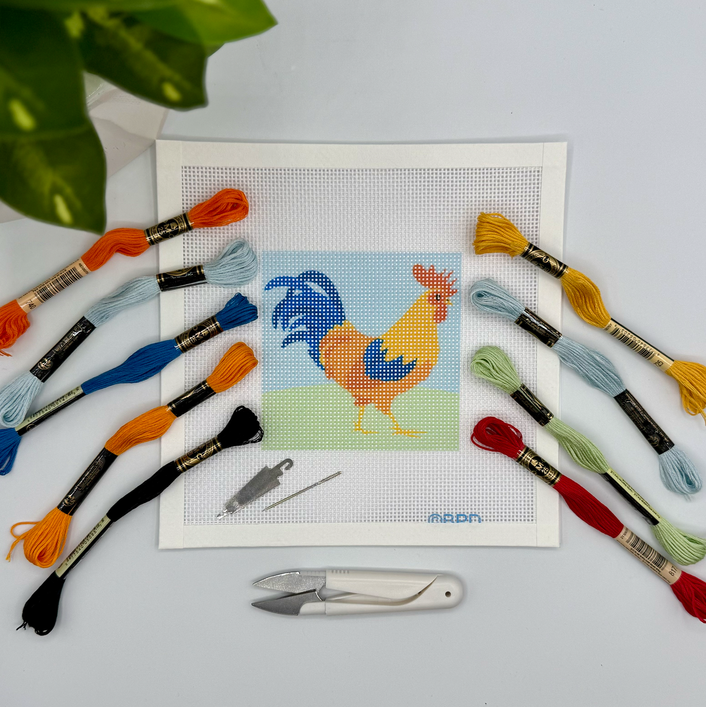 Rooster Needlepoint Kit Embroidery/Cross Stitch Supplies Blue Poppy Designs
