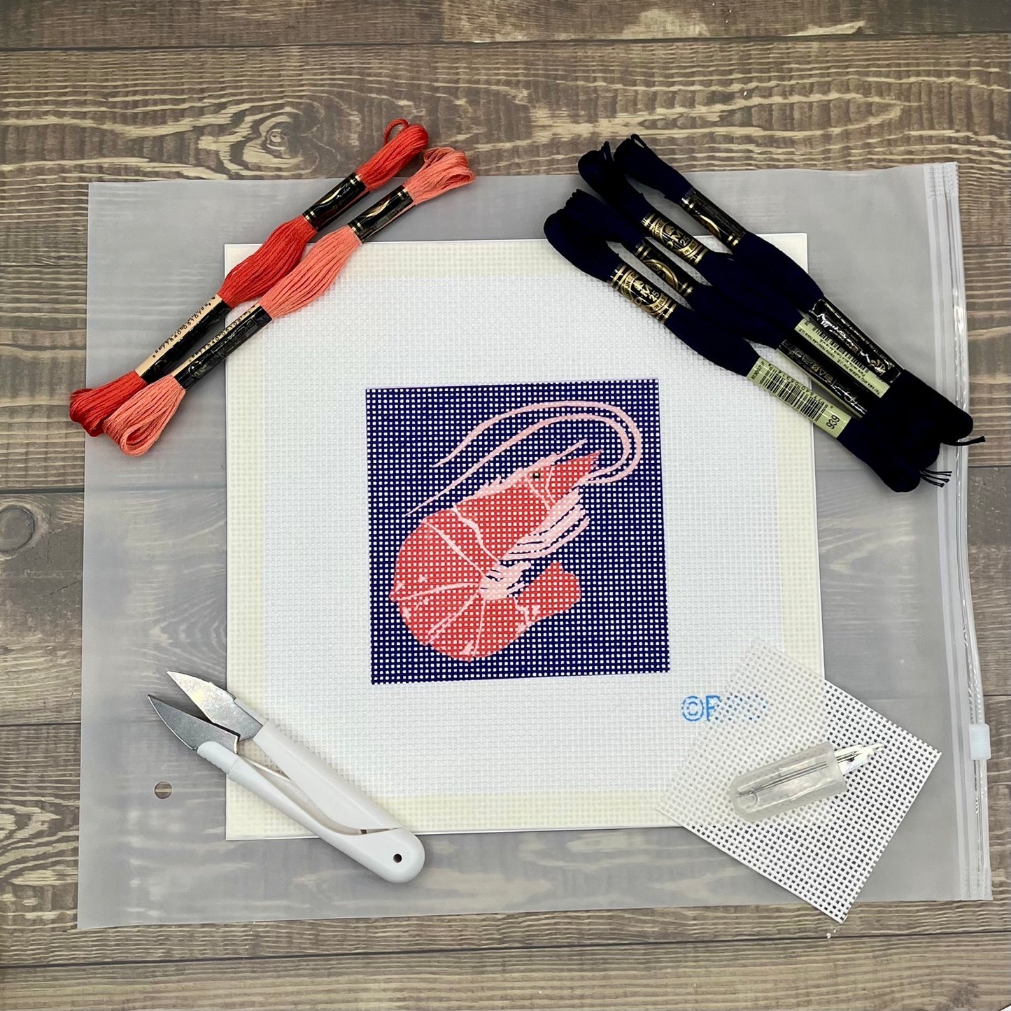 Shrimp on Dark Blue Needlepoint Kit