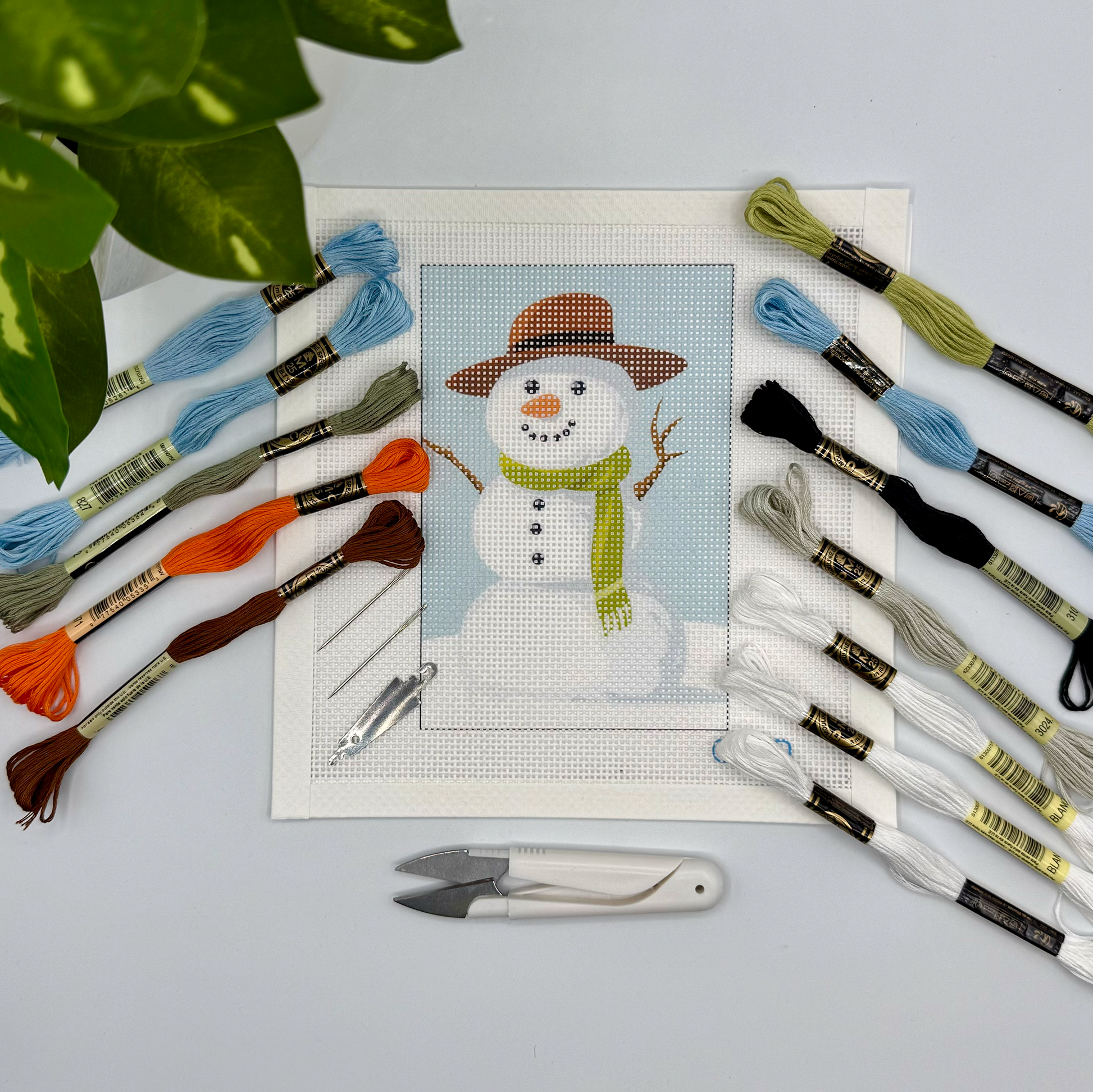 Snowman Needlepoint Kit (green scarf) Embroidery/Cross Stitch Supplies Blue Poppy Designs