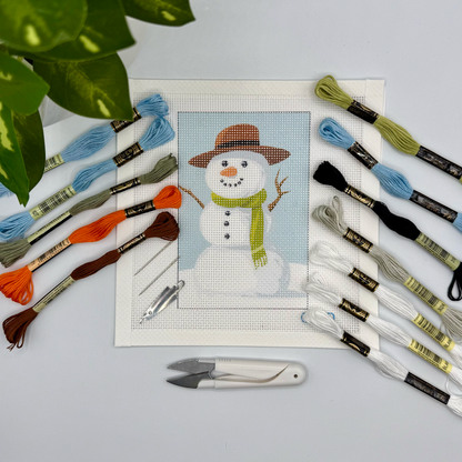 Snowman Needlepoint Kit (green scarf) Embroidery/Cross Stitch Supplies Blue Poppy Designs