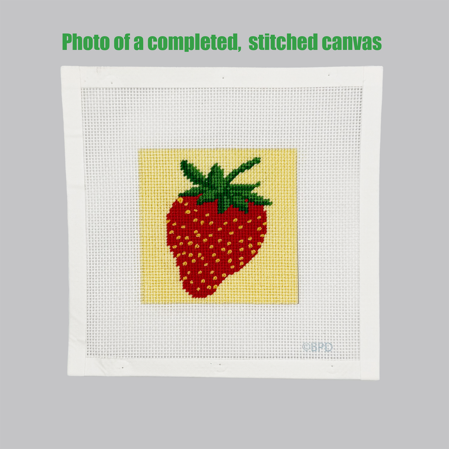 Strawberry Needlepoint Kit (on yellow background color) Embroidery/Cross Stitch Supplies Blue Poppy Designs