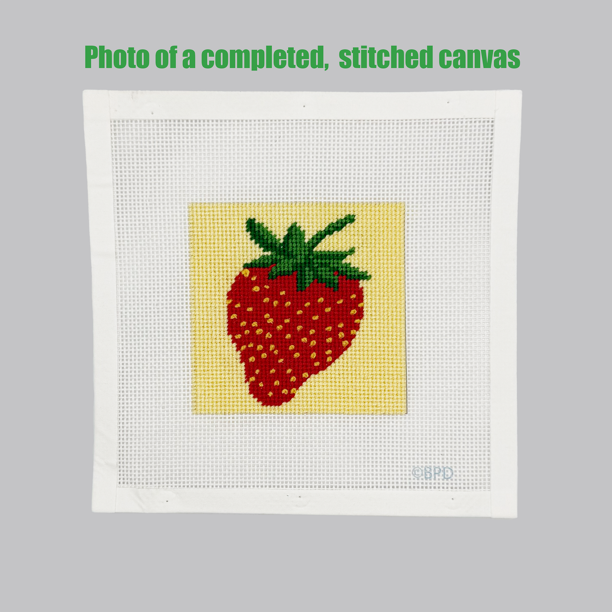 Strawberry Needlepoint Kit (on yellow background color) Embroidery/Cross Stitch Supplies Blue Poppy Designs