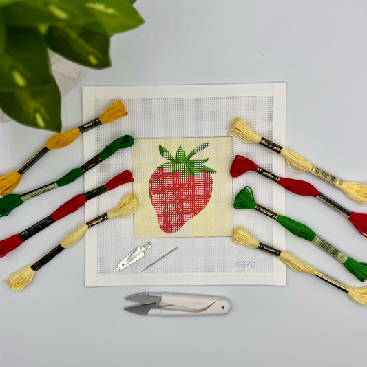 Strawberry Needlepoint Kit (on yellow background color) Embroidery/Cross Stitch Supplies Blue Poppy Designs