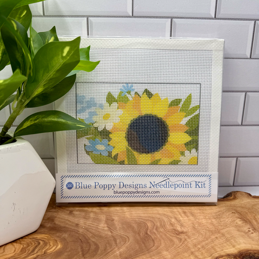 Sunflower with Daisies and Wildflowers Needlepoint Kit Embroidery/Cross Stitch Supplies Blue Poppy Designs