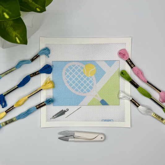 Tennis Needlepoint Kit (on green/blue/white) Embroidery/Cross Stitch Supplies Blue Poppy Designs