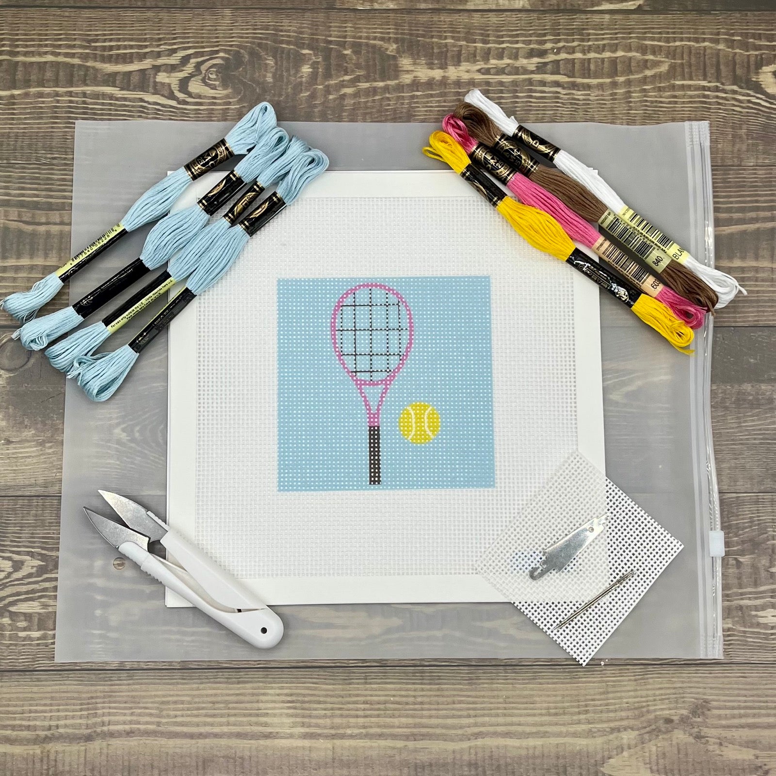 Tennis Racquet Needlepoint Kit (on cyan) Embroidery/Cross Stitch Supplies Blue Poppy Designs