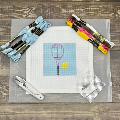 Tennis Racquet Needlepoint Kit (on cyan) Embroidery/Cross Stitch Supplies Blue Poppy Designs