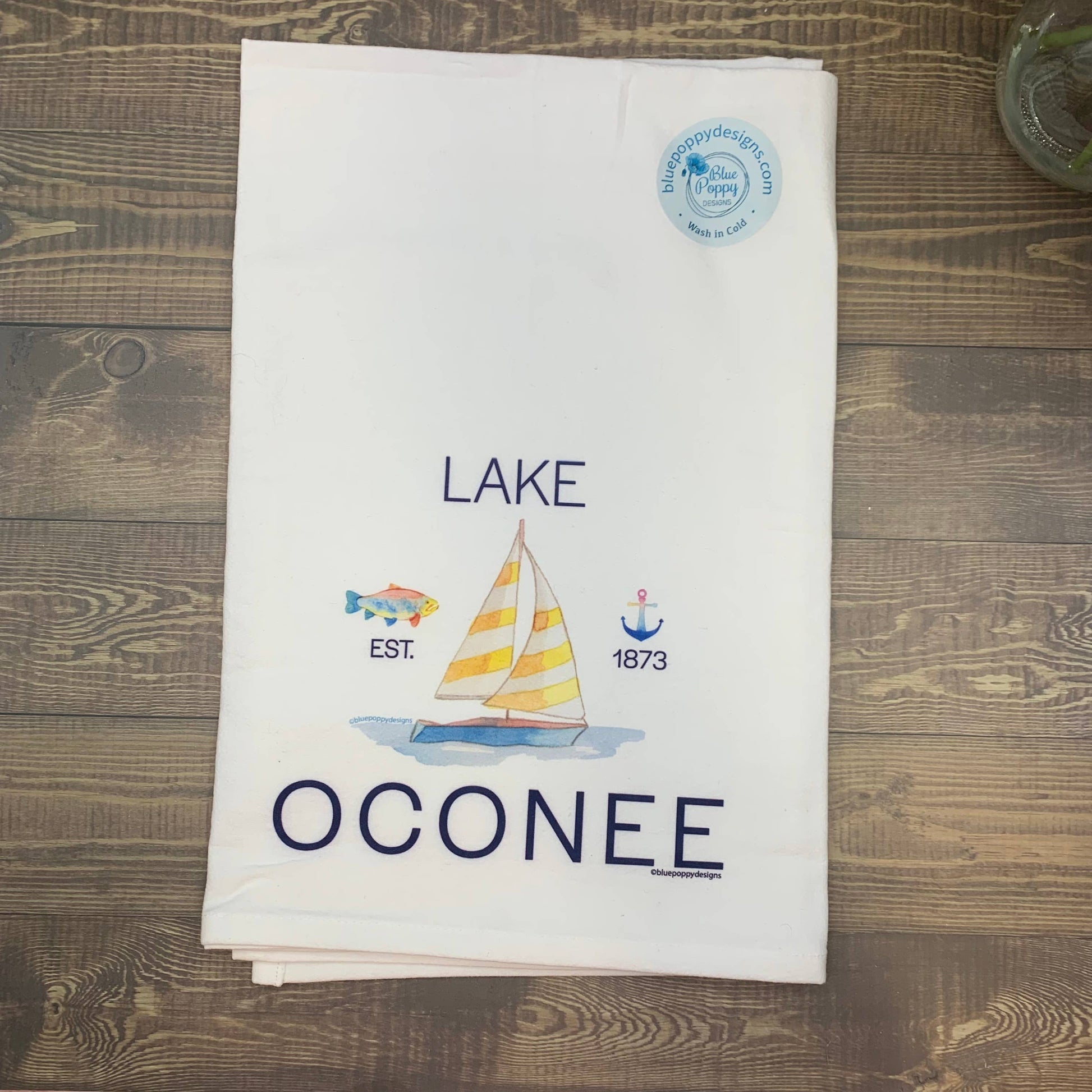 Sailboat Lake Watercolor Kitchen Towel Kitchen Towel/Dishcloth Blue Poppy Designs white  