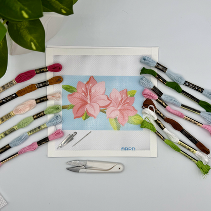 Azaleas Needlepoint Kit (on brown branch blue background) needlepoint Blue Poppy Designs