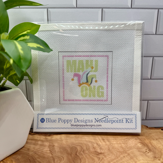"Mahjong" with Joker Hat and Pink Bamboo Needlepoint Kit Embroidery/Cross Stitch Supplies Blue Poppy Designs