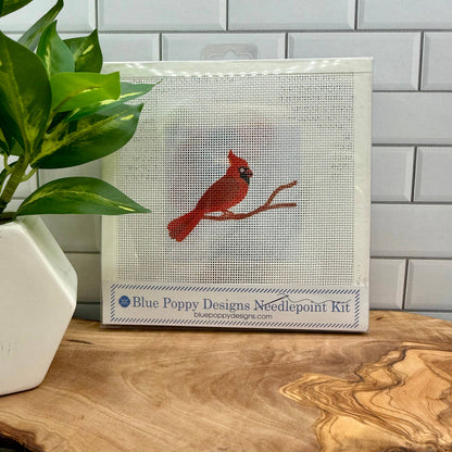 Cardinal Needlepoint Kit (red beak on light blue) Embroidery/Cross Stitch Supplies Blue Poppy Designs