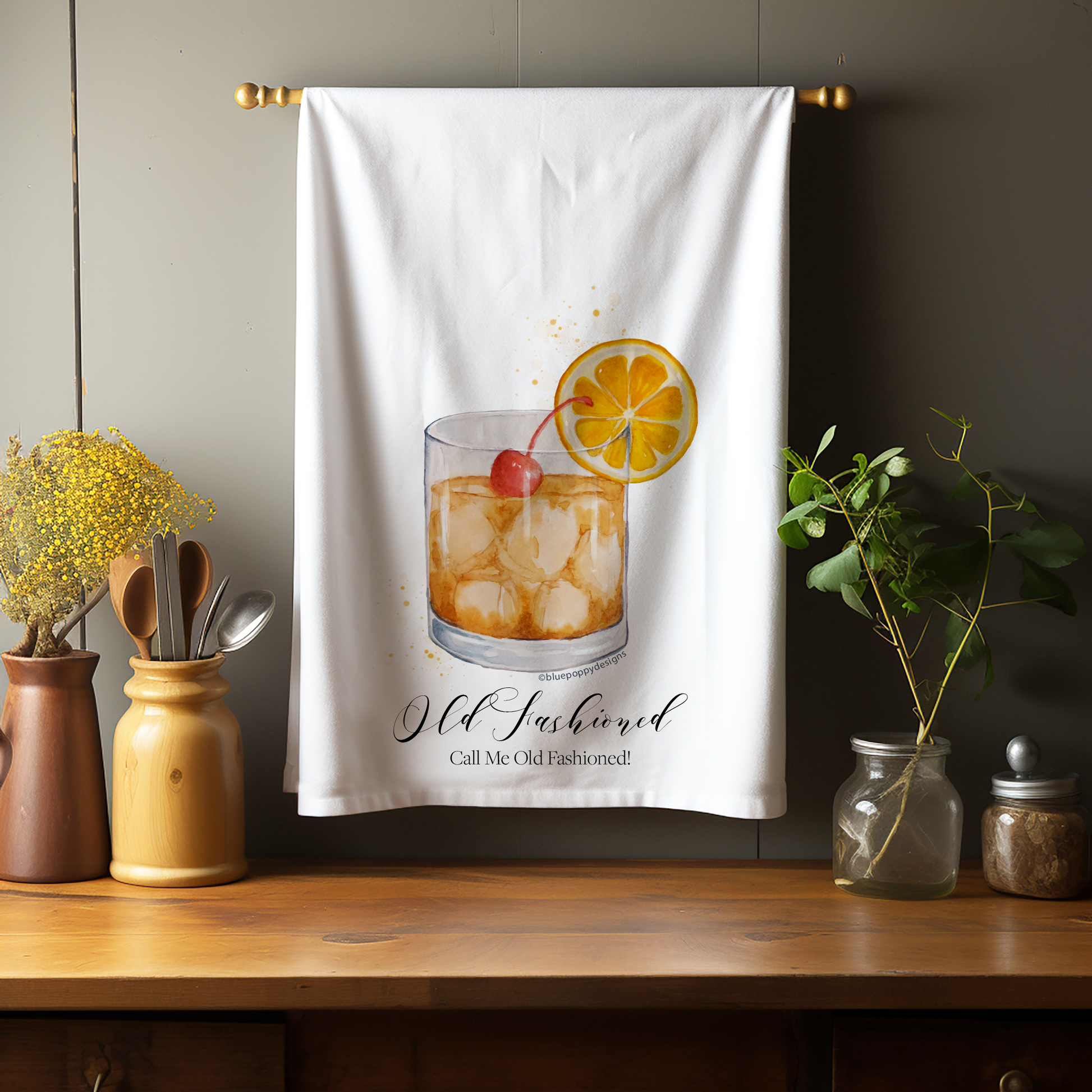 Old Fashioned Cocktail Collection Kitchen Towel Kitchen Towel/Dishcloth Blue Poppy Designs Art Only  