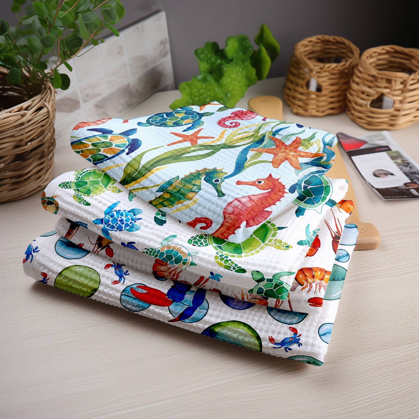 Sea Life Waffle Kitchen Towel Tea Towel Blue Poppy Designs