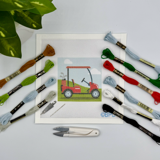 Golf Cart Needlepoint Kit Embroidery/Cross Stitch Supplies Blue Poppy Designs