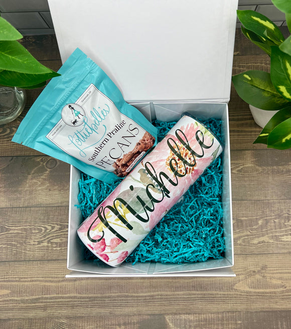 Bachelorette Gift Box set-bridesmaid personalized 20oz tumbler-candied pecans  Blue Poppy Designs   