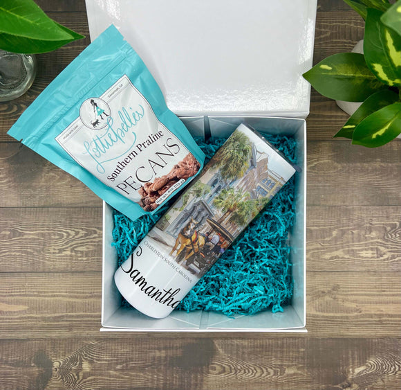 Bachelorette Gift Box set-bridesmaid personalized 20oz tumbler-candied pecans-Charleston  Blue Poppy Designs   