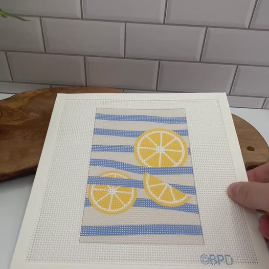 Three Lemons on Blue Stripes Needlepoint kit needlepoint Blue Poppy Designs