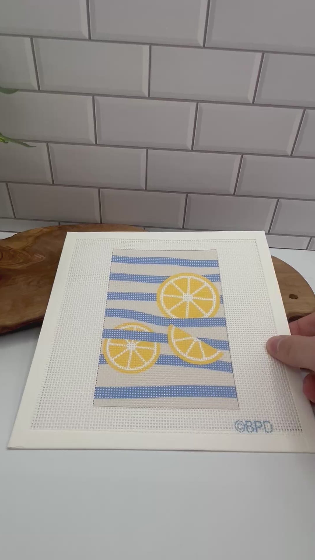 Three Lemons on Blue Stripes Needlepoint kit needlepoint Blue Poppy Designs