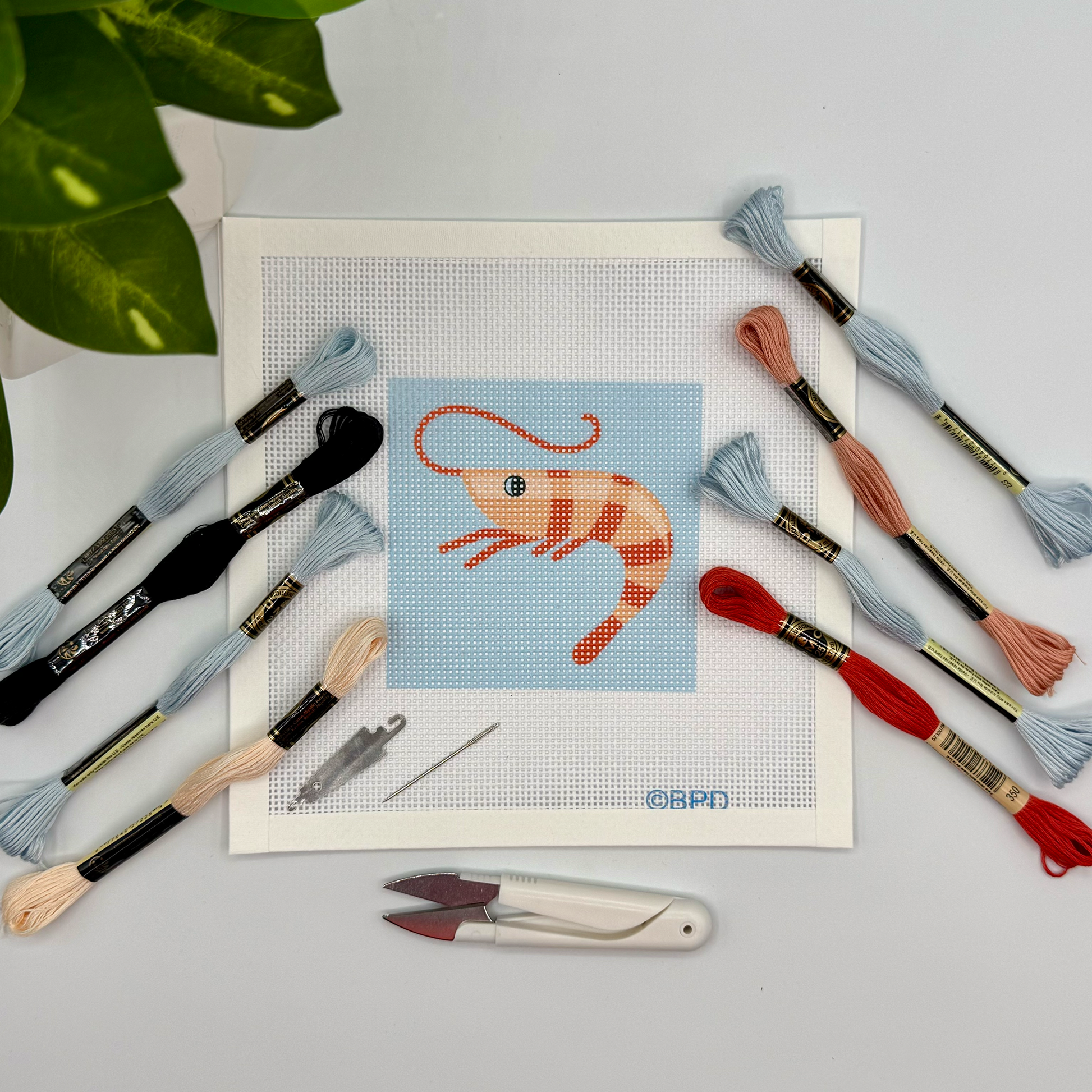 Shrimp Needlepoint Kit (on light blue background) Embroidery/Cross Stitch Supplies Blue Poppy Designs