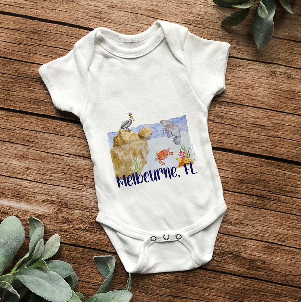 Watercolor Sea Scene Baby Onesie Bodysuit (Non-Footed) - Baby Blue Poppy Designs Newborn Art Only 