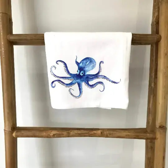 Octopus (Watercolor Painting) 27 x 27 Kitchen Towel Kitchen Towel/Dishcloth Blue Poppy Designs White Art Only 
