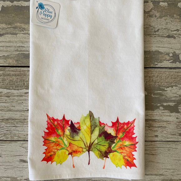Fall Watercolor Leaves Kitchen Towel Kitchen Towel/Dishcloth Blue Poppy Designs 27x27 White Art Only