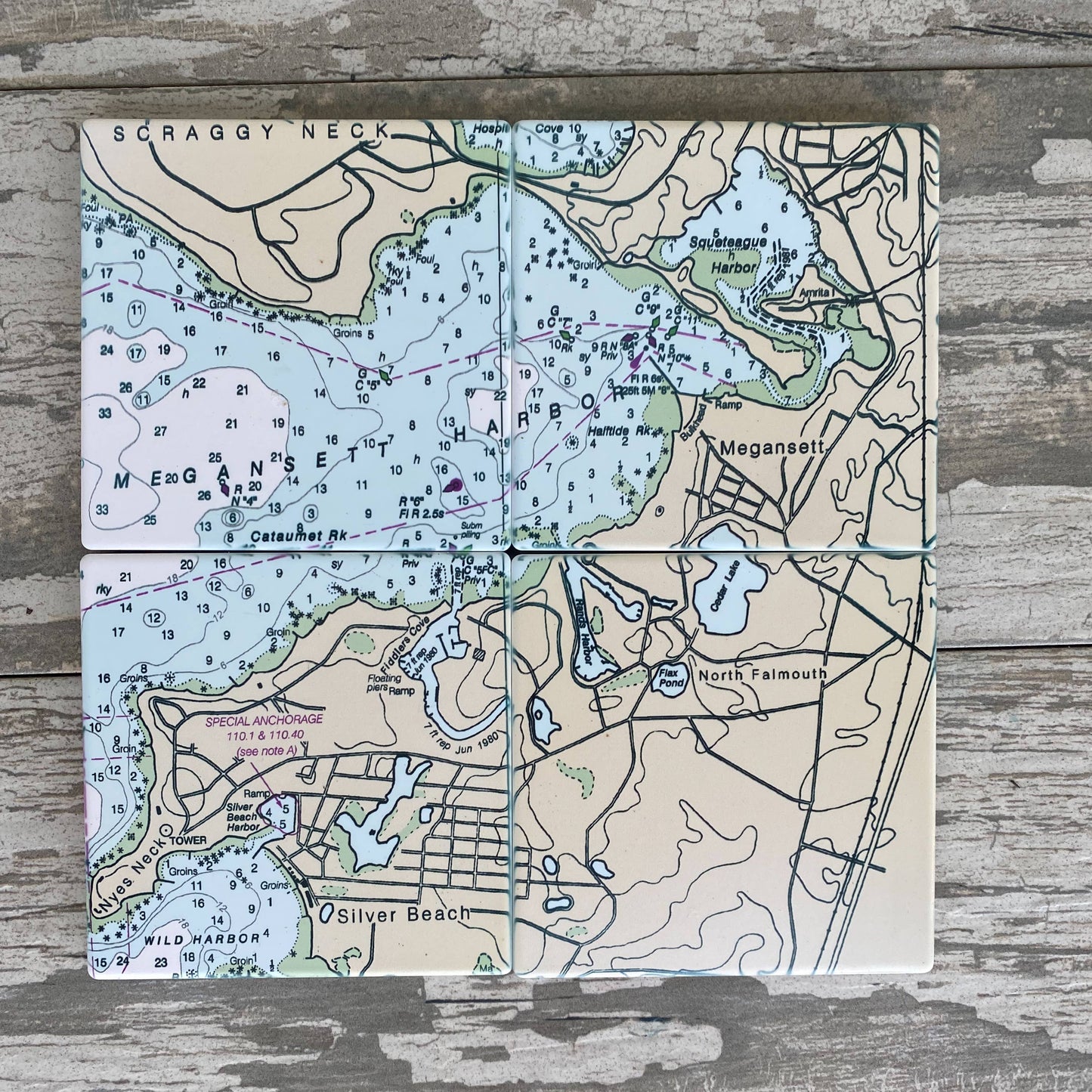 Nautical Map Square Sandstone Coasters (with Cork Back) Coasters Blue Poppy Designs   