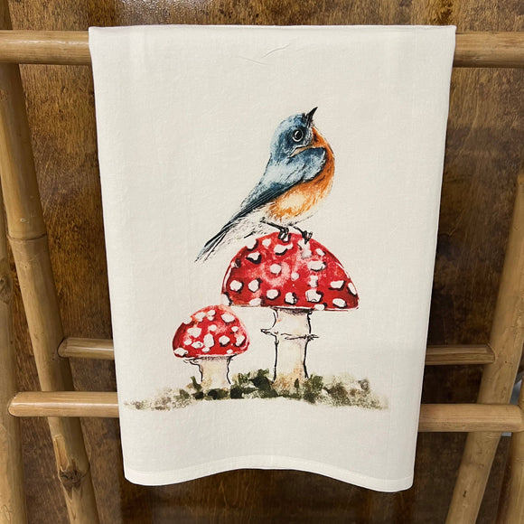 Bluebird on a Mushroom on a 27 x 27 Kitchen Towel Kitchen Towel/Dishcloth Blue Poppy Designs Art Only  
