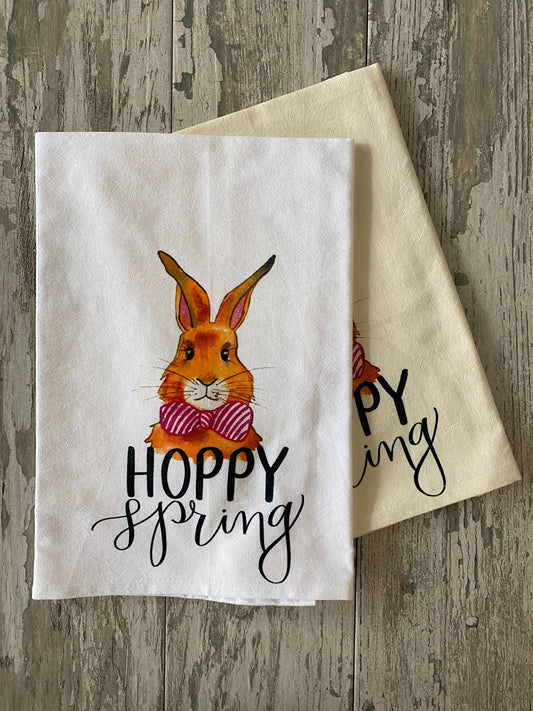 Hoppy Spring Bunny Watercolor Kitchen Towel Tea Towel Blue Poppy Designs 27x27 White 