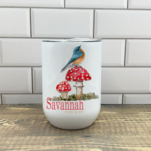 Bird & Mushroom Wine Tumbler - Customize it with your town Drinking Glass/Tumbler Blue Poppy Designs   
