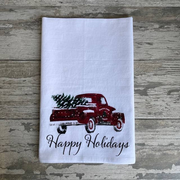 Christmas Watercolor Red Truck Kitchen Towel Kitchen Towel/Dishcloth Blue Poppy Designs 27x27 Happy Holidays 