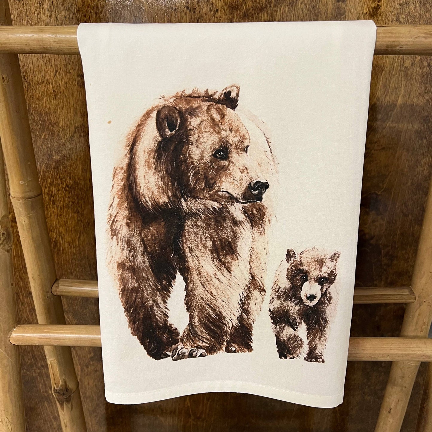 Brown Bear Kitchen Towel (Bear and Cub) Kitchen Towel/Dishcloth Blue Poppy Designs White Art Only 