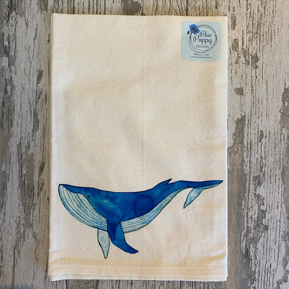 Watercolor Whale Kitchen Towel Dinner & Cloth Napkin Blue Poppy Designs 27x27 White Art Only