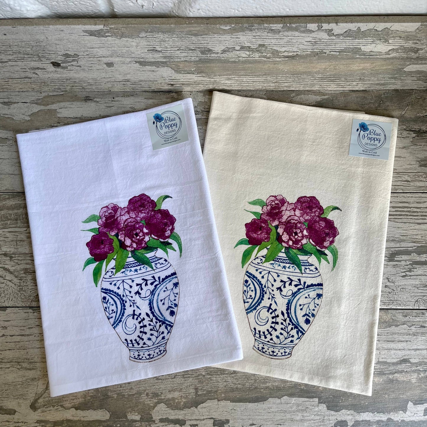 Ginger Jar with Flowers Kitchen Towel Kitchen Towel/Dishcloth Blue Poppy Designs White Art Only 