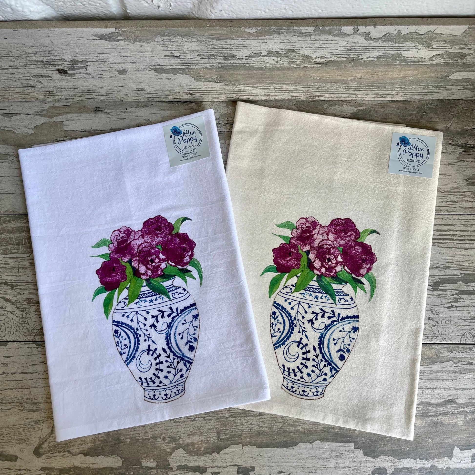 Ginger Jar with Flowers Kitchen Towel Kitchen Towel/Dishcloth Blue Poppy Designs White Art Only 
