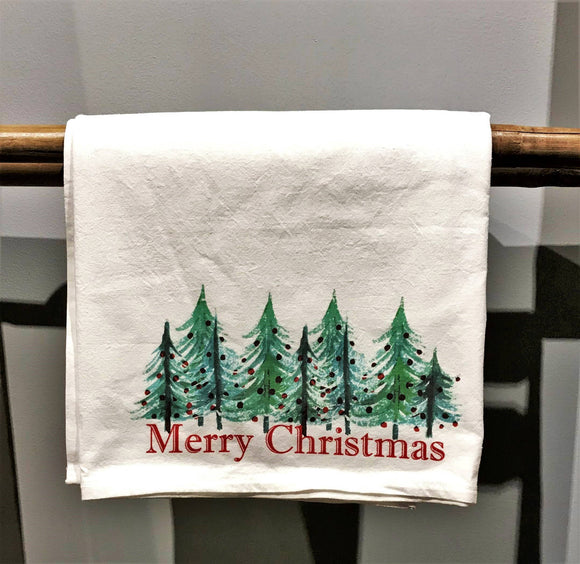 Christmas Watercolor Pine Trees Kitchen Towel Kitchen Towel/Dishcloth Blue Poppy Designs 27x27 White Merry Christmas