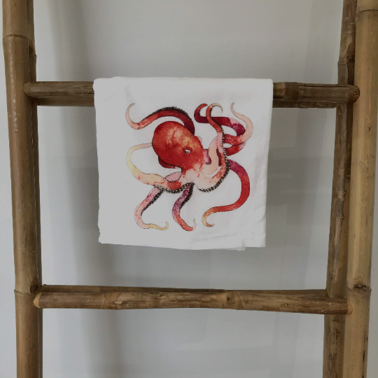 Watercolor Octopus Kitchen Towel Kitchen Towel/Dishcloth Blue Poppy Designs 27x27 White Art Only