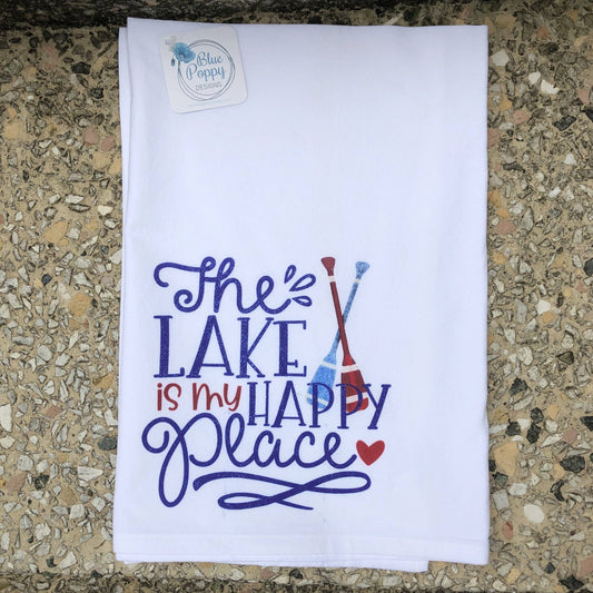 Watercolor The Lake is My Happy Place Kitchen Towel Kitchen Towel/Dishcloth Blue Poppy Designs 27x27 White 